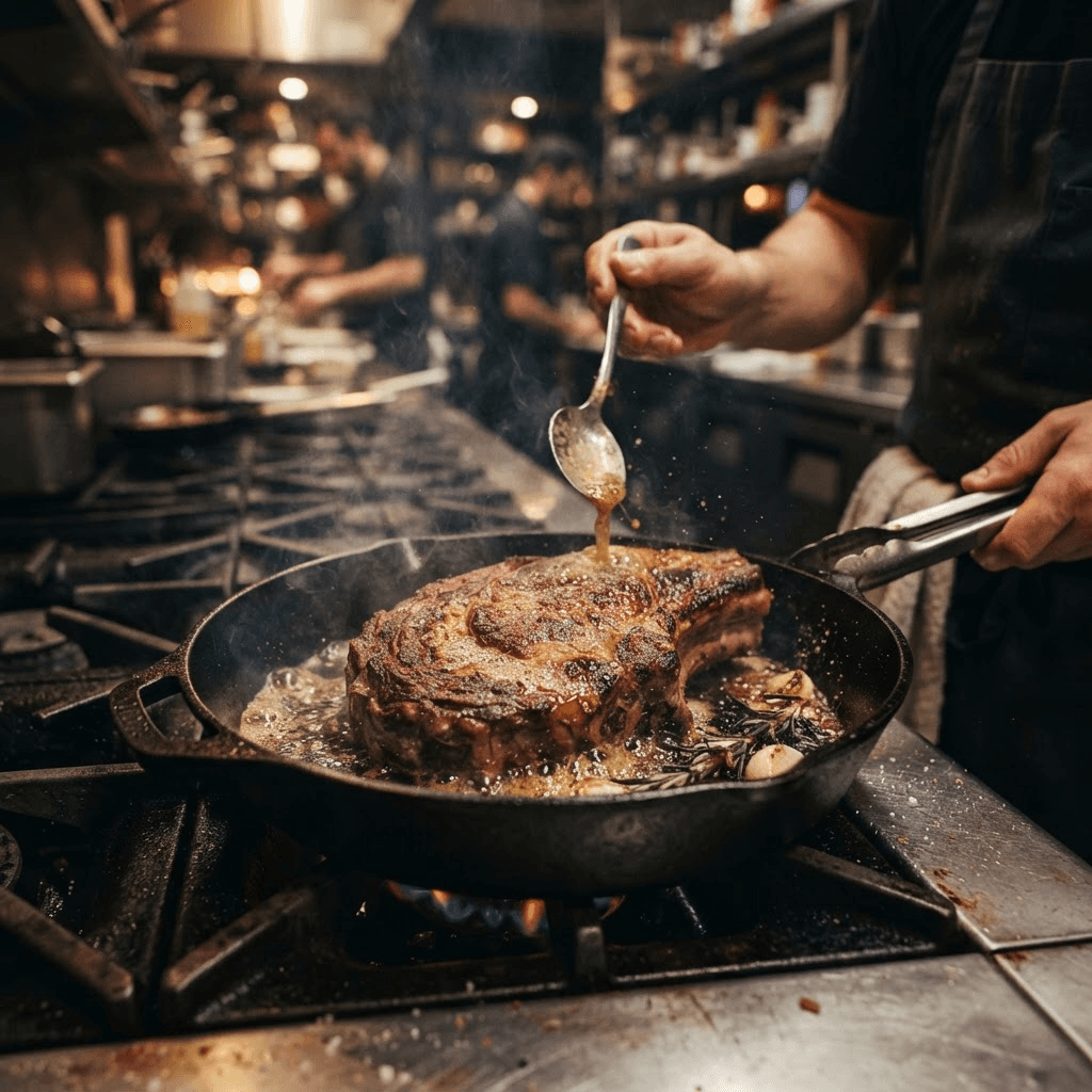 Carne sendo selada em frigideira de ferro com tallow bovino
